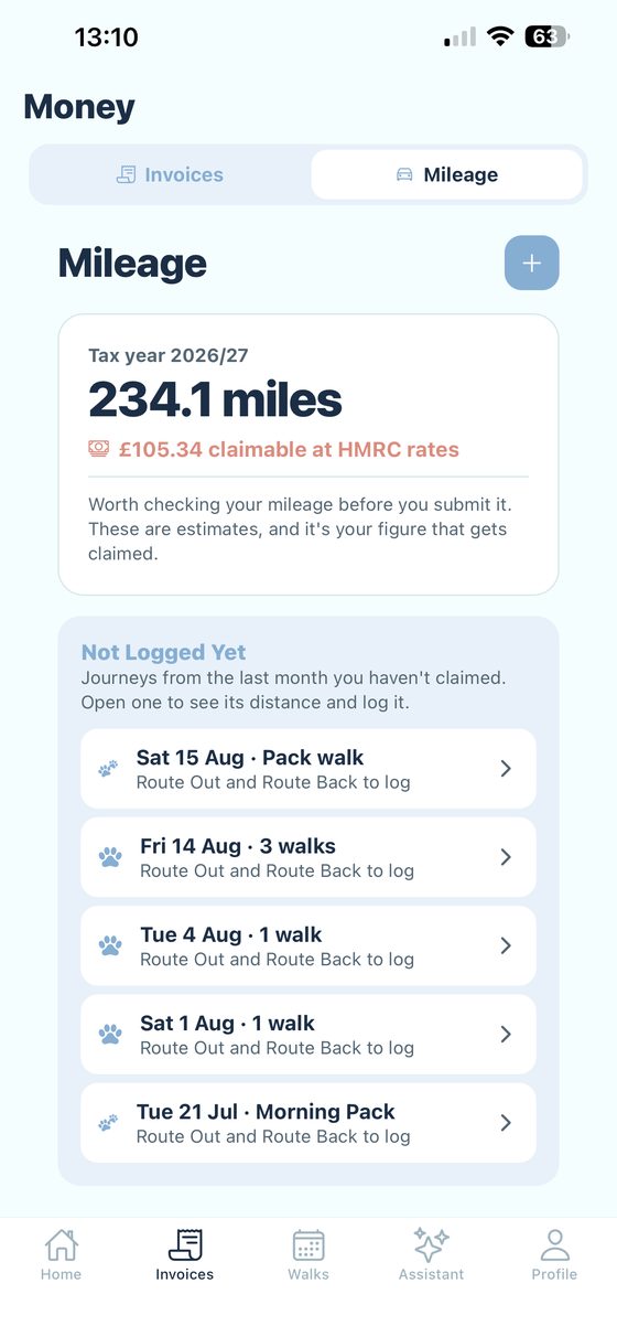 Mileage screen